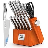 imarku® Knife Set, 14PCS Knife Sets for kitchen with block, One-Piece Kitchen Knife Sets with Built-in Sharpener, Stainless Steel Chef Knife Set with Lightning Stripes Handle, Dishwasher Safe(Wood)