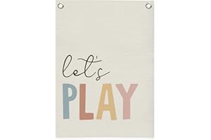 MOFUYU Play Room Wall Decor,Playroom Sign Decor,Let's Play Canvas Banner,Nursery Classroom Wall Art Wall Hanging Pennant Flag for Kids Room,Homeschool,Playroom 18x25 Inch