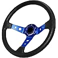 QYMOPAY Drifting Deep Dish Racing Steering Wheel, 6 Bolt Anti-Slip Leather and Aluminum Gaming Wheel with Horn Button for Car Sim/JDM Sports Steering (Blue)