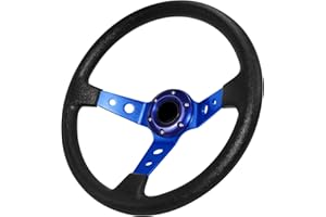 QYMOPAY Drifting Deep Dish Racing Steering Wheel, 6 Bolt Anti-Slip Leather and Aluminum Gaming Steering Wheel with Horn Button for Racing/Car Sim Driving/JDM Sports Racing Steering Wheel (Blue)