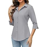 HOTOUCH Women Button Down Shirts 3/4 Sleeve Basic Business Dress Shirt Slim Fitted Classic V Neck Button Up Work Blouse Tops