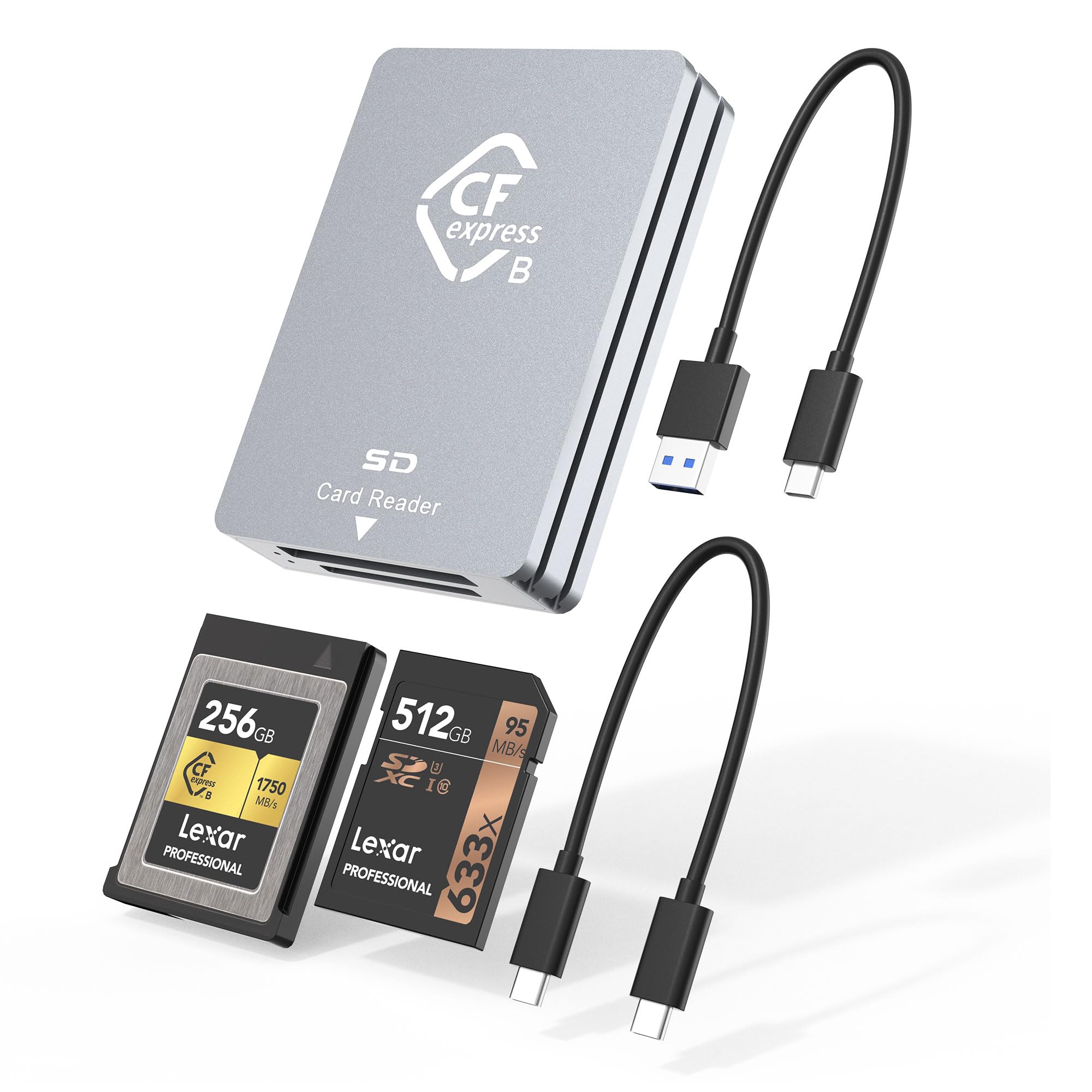 Aluminum CFexpress Card Reader - 10Gbps USB 3.2 Gen 2, Supports CFexpress Type B & SD Memory Cards, Includes USB C to USB A/C Cables
