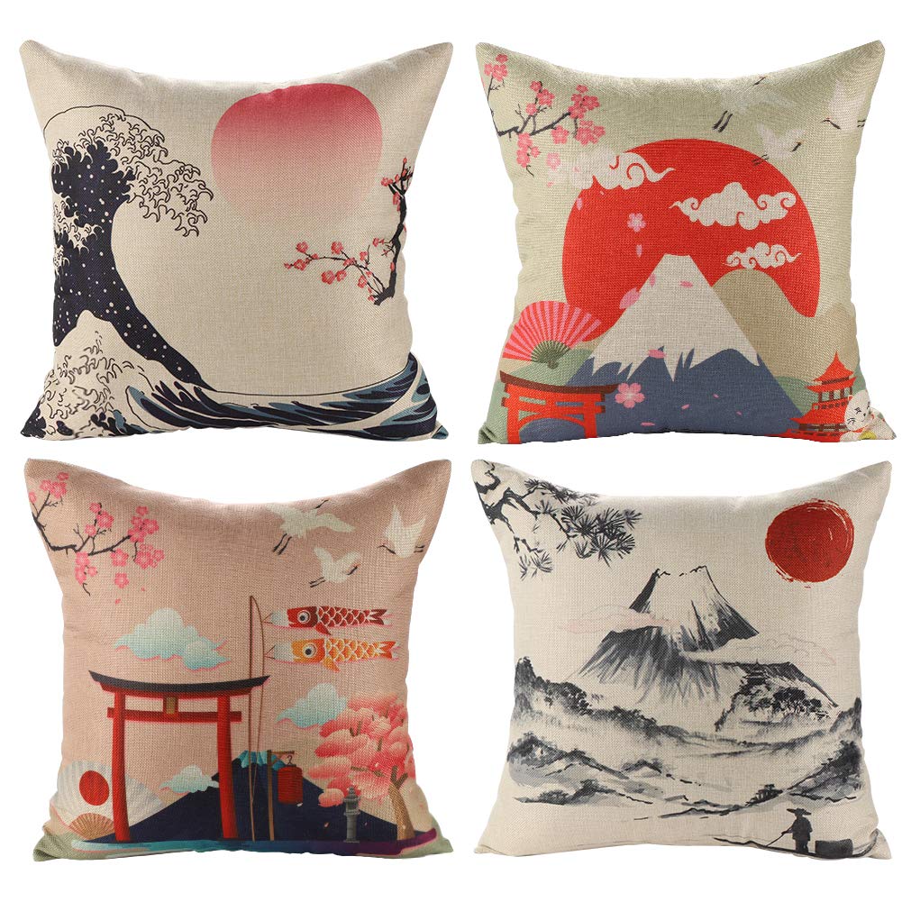 JOTOM Cushion Covers Decorative Square Throw Pillow Cover Sofa Car Pillowcase for Outdoor Home Bed Decor 45cm x 45cm,Set of 4 (Japanese Style B) — image 1