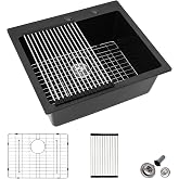 Fulorni 25"x22" Granite Composite Kitchen Sink &ndash; Matte Black Drop In Topmount Granite Quartz Classic Above Counter Single Bowl Sink Basin