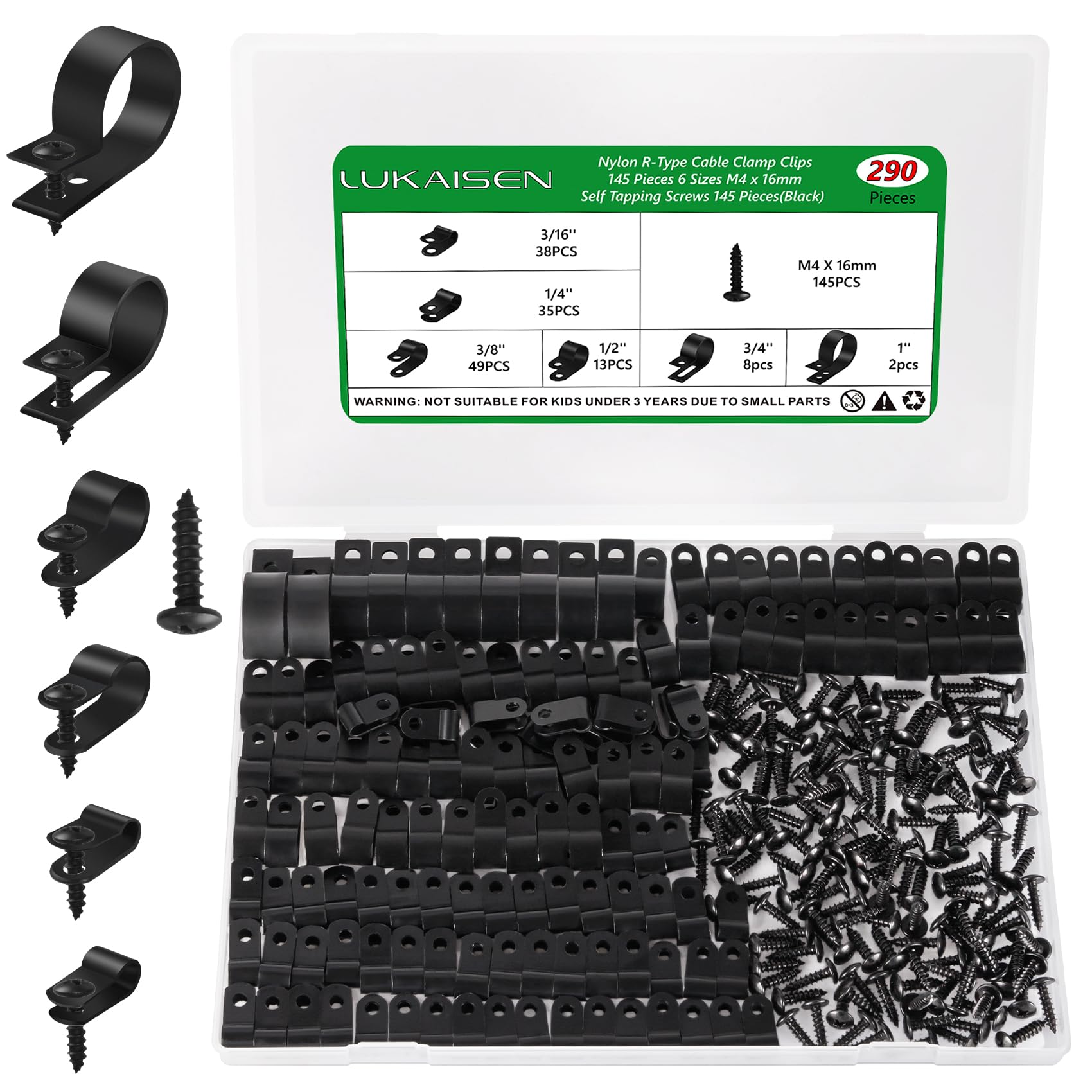 Lukaisen 290 PCS Black Nylon P-Clips, 3/16'' 1/4'' 3/8'' 1/2'' 3/4'' 1'' Inch Plastic Cable Clips Wire Clamp, Nylon Screw Mounting Cord Fastener Clamp with 145 PCS Screws, for Wire Management