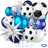 Soccer Balloons for Sports Birthday Party Decorations | Metallic blue and silver balloons with an 18-inch soccer ball foil balloon for birthdays, graduations and sports backdrops