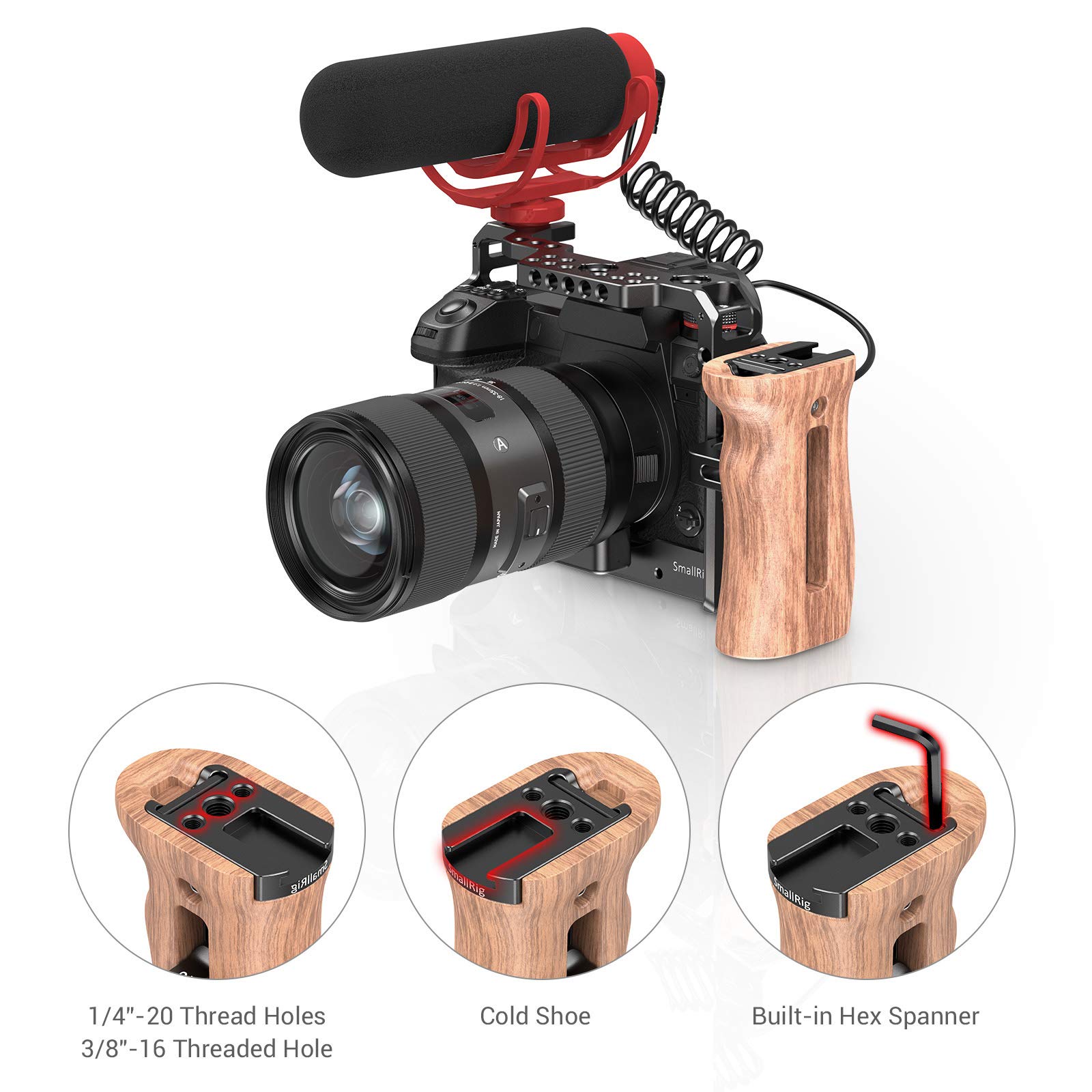 SMALLRIG Side Wooden Handle Grip for DSLR Camera Cage w/Cold Shoe Mount, Threaded Holes, Direction Changeable - 2093