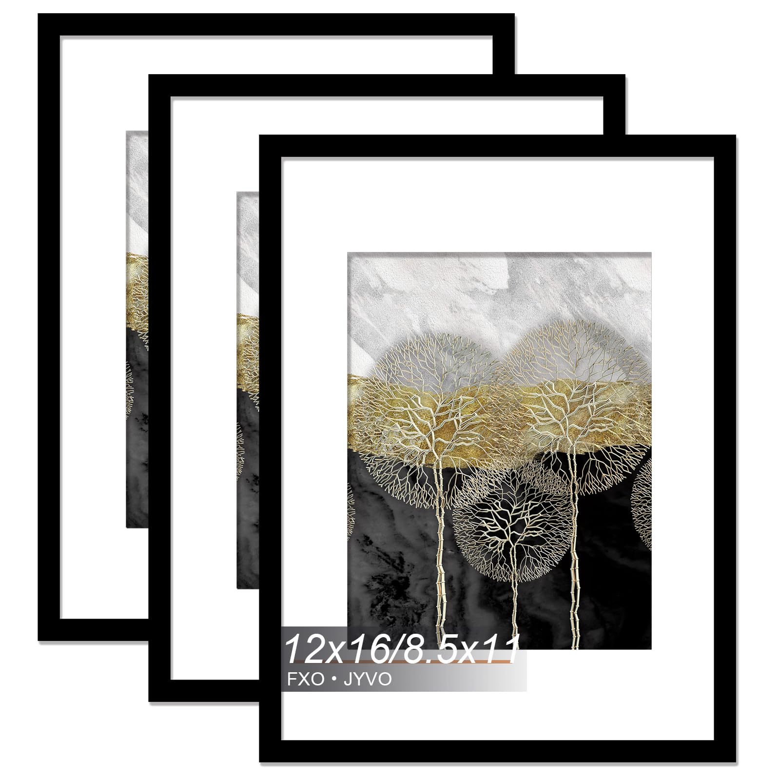 Photo 1 of Fxojyvo 12x16 Picture Frame Set of 3, Display Poster 8.5 x 11 with Mat or 12 x 16 Without Mat, Light Weight and High Transparent 12 by 16 Frame for Wall - 3 Pack/Black/12 x16