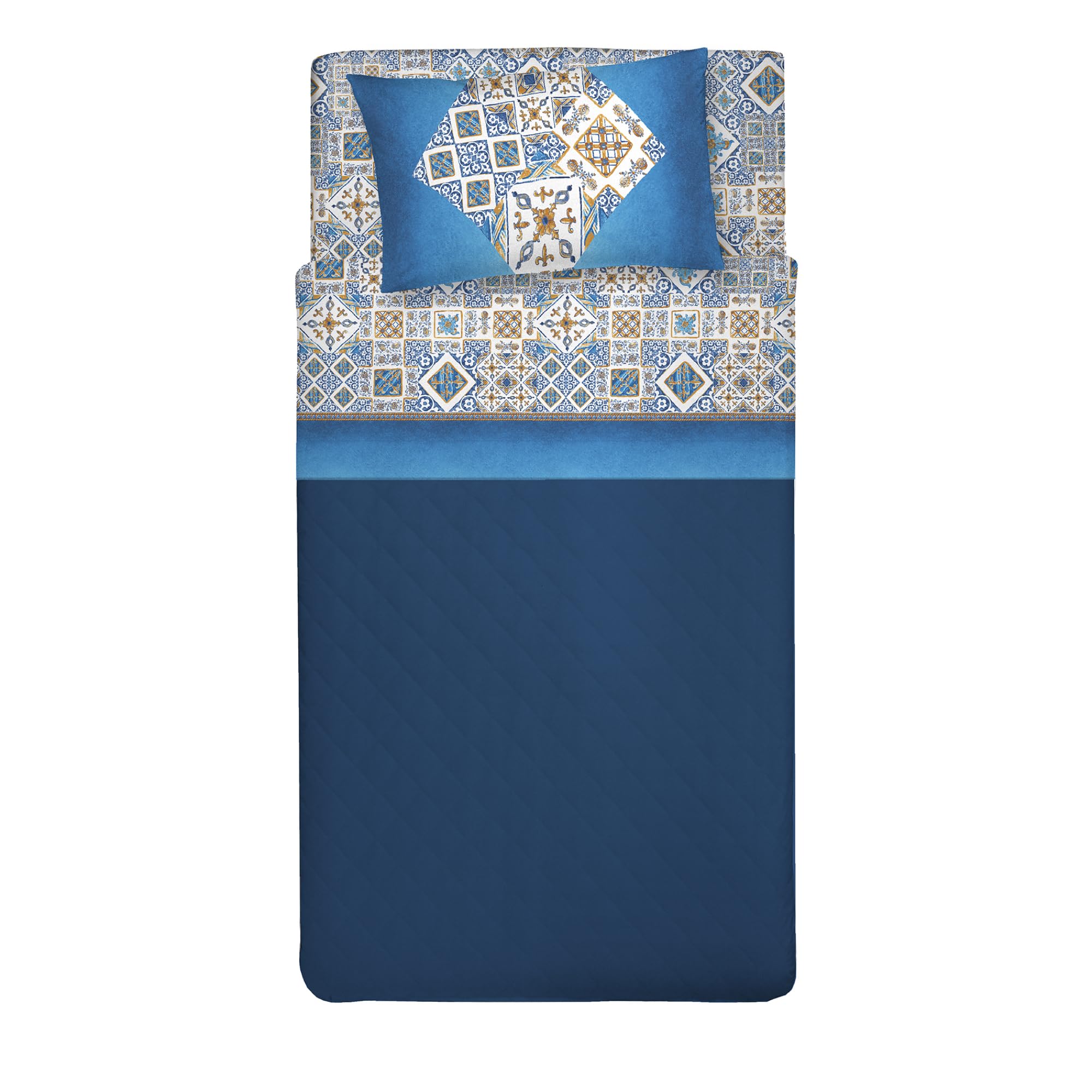 PENSIERI DELICATI Single Bed Set, 100% Cotton, Single Bed Sheet Set, 90 x 200 cm, Including Bottom Sheet, Top Sheet and 1 Pillow Case, Made in Italy, Blue Majolica Pattern