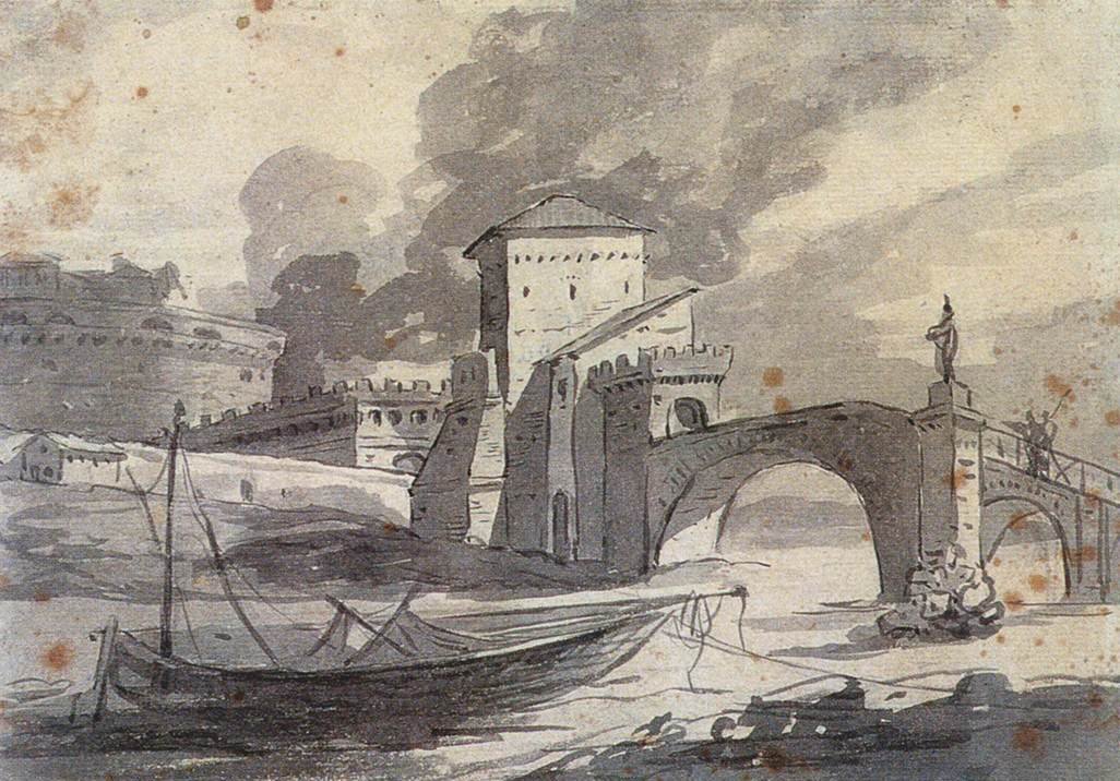 View of The Tiber and Castel St Angelo by Jacques-Louis David - 21" x 28" Premium Canvas Print