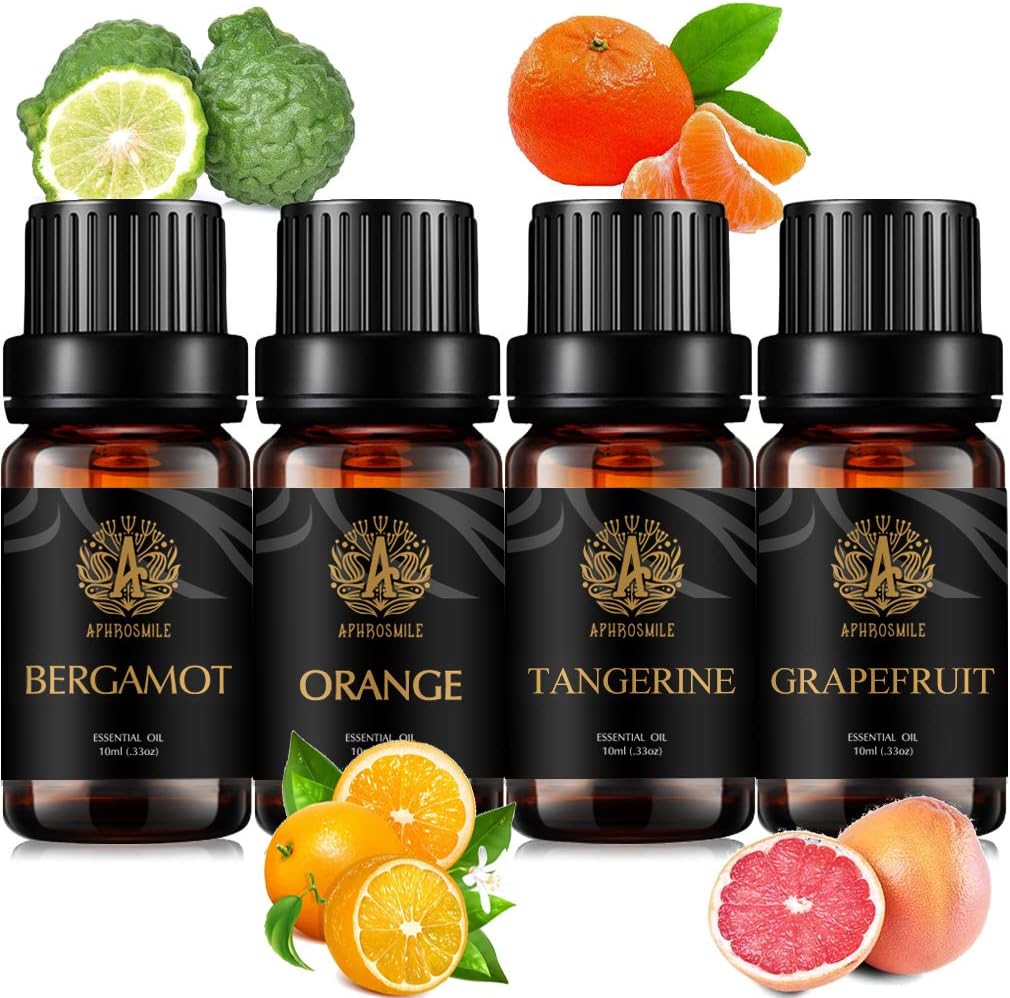 Aromatherapy Bergamot Essential Oil Set for Diffuser Grapefruit Essential Oil Kit for Humidifier,4x10ml Therapeutic Grade Orange Essential Oils-Pure Tangerine,Orange,Grapefruit,Bergamot Oil