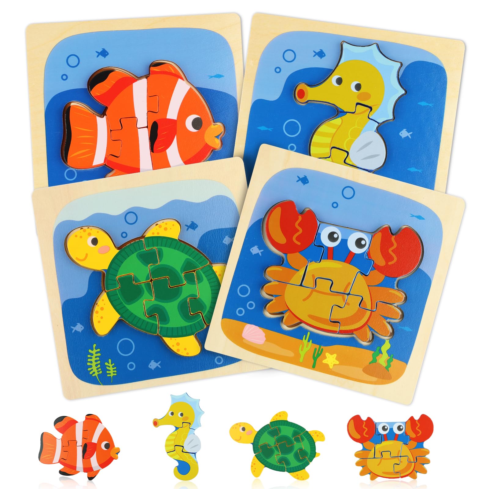 Deepton 4 Pcs Wooden Puzzles Animals for Baby Kids, Cute Animal Wooden Jigsaw Puzzles for 1-3 Year Old Boys Girls, Baby Preschool Learning Educational Toy for Birthday Gift — image 1