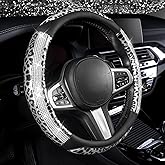 AUTOYOUTH Leopard Steering Wheel Cover - Bling Crystal Rhinestones Cheetah Print on Leather Non-Slip Breathable Design for Women/Girls Universal Fit 14.5-15 Inch(Black & Silver)