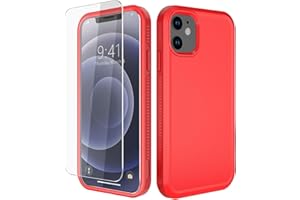 Diverbox for iPhone 12 case [Shockproof] [Dropproof] [Tempered Glass Screen Protector],Heavy Duty Protection Phone Case Cover for Apple iPhone 12 (Red -2in1)