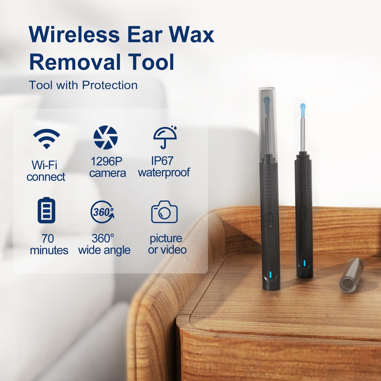 Ear Wax Removal, Ear Cleaner with Camera with 1296P, Earwax Removal kit with 9 Ear Pickand 8 Traditional Tools, Built-in WiFi lP67 Waterproof, Ear Cleaning Kit foriPhone,iPad,Android (Black)