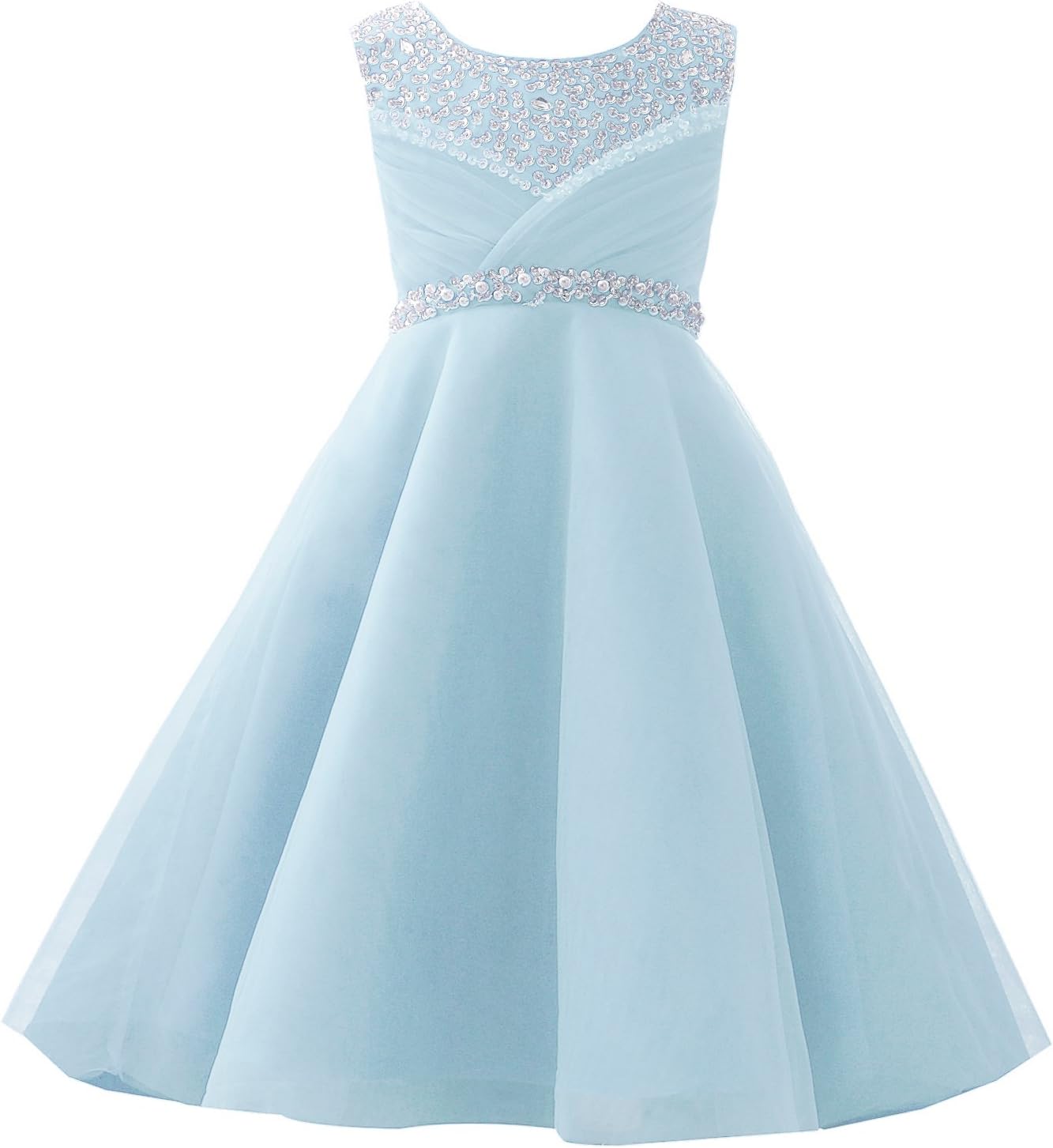 Girls' First Communion Organza Sequin Pearls Flower Girl Dress with Train