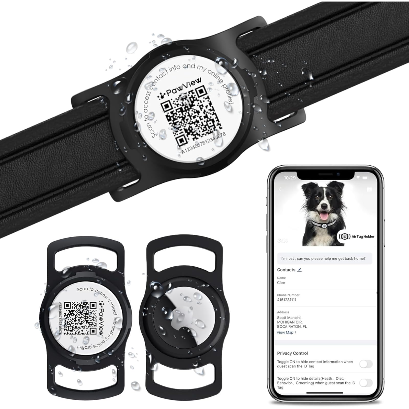 PawView AirTag Dog Collar Holder & Free App. Cat Tracker, Dog Tracker & Smart QR ID for Instant Location to Owner When Scanned, Pet Profile, Contact Info. Cat AirTag Collar & GPS Tracker