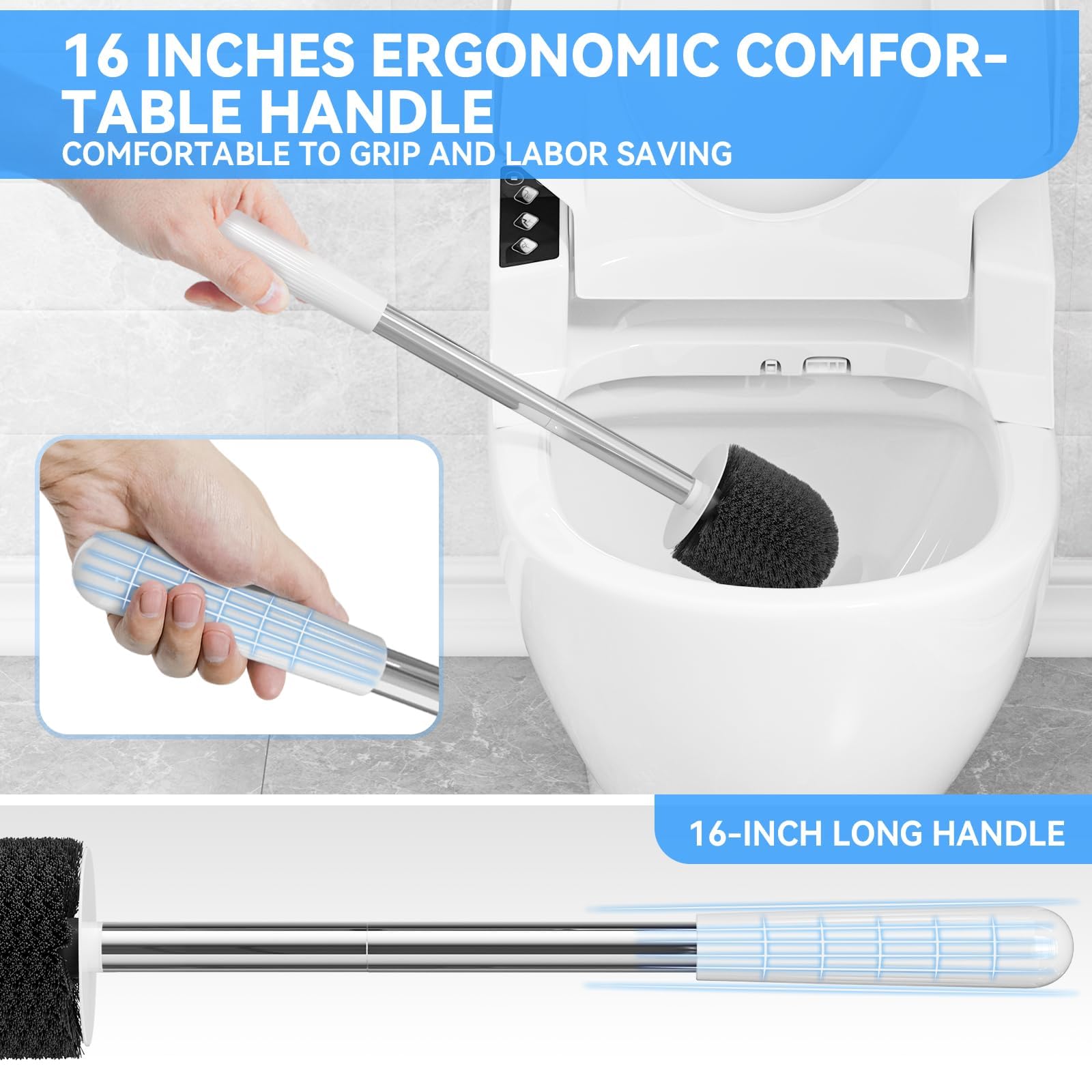 Toilet Brush, Toilet Brush and Holder with 304 Stainless Steel Handle, Space Saving Toilet Bowl Brush for Storage, Durable Bristles Toilet Scrubber for Bathroom Cleaning (1, White)