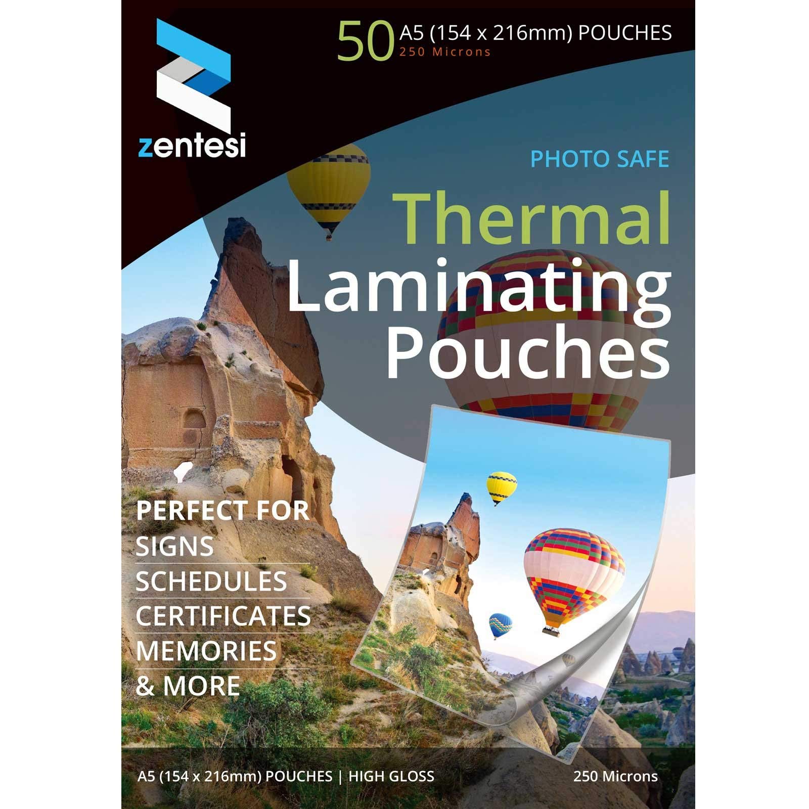 Zentesi A5 Laminating Pouches High Gloss Laminator Sleeves 250 Micron (125 + 125 Microns) Glossy Laminate Pouch Sheets - Pack of 50
