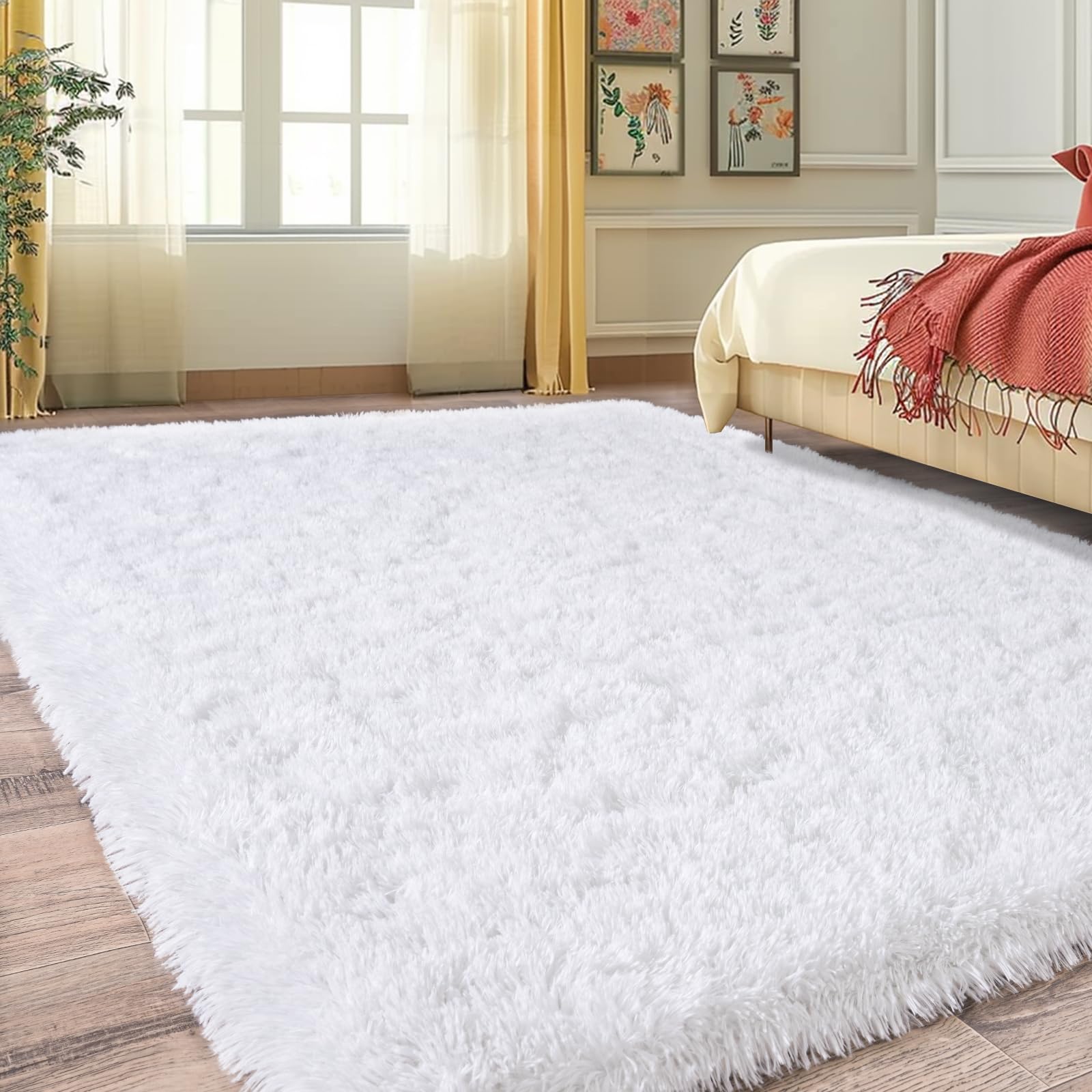 Photo 1 of Fluffy Rugs for Bedroom Living Room, 4x6 Feet Indoor Modern Shaggy Area Rugs, Non-Slip Fuzzy Shag Floor Carpet for Dorm Nursery Kids Room Decor, Soft Plush Throw Rug, White