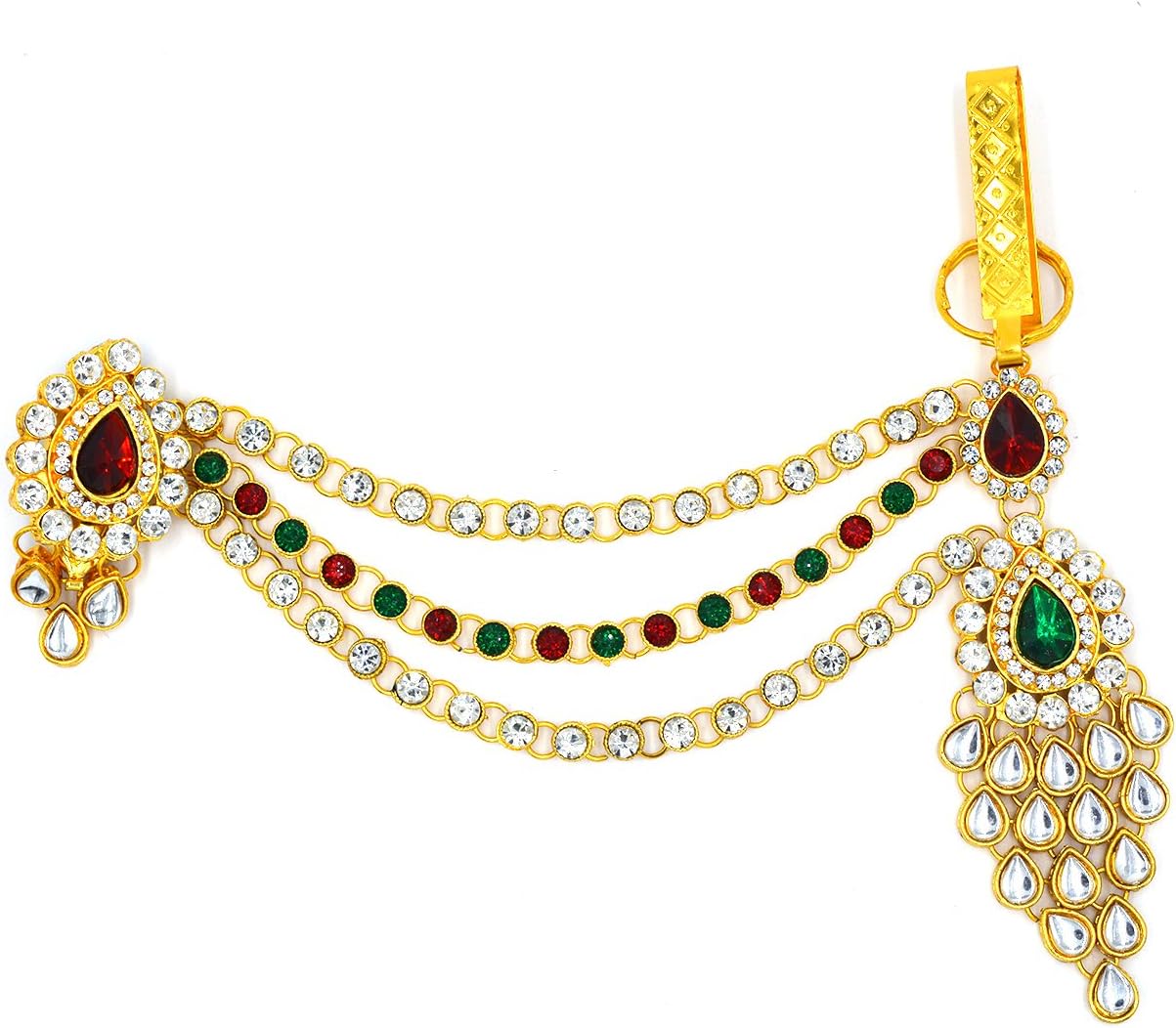 Aashya Mayro Rajasthani Rajwadi Maroon, Green and White Stone Kundan Work Kamarband Challa Waist Key Chain Saree Brooch Chabi Challa for Women Girls