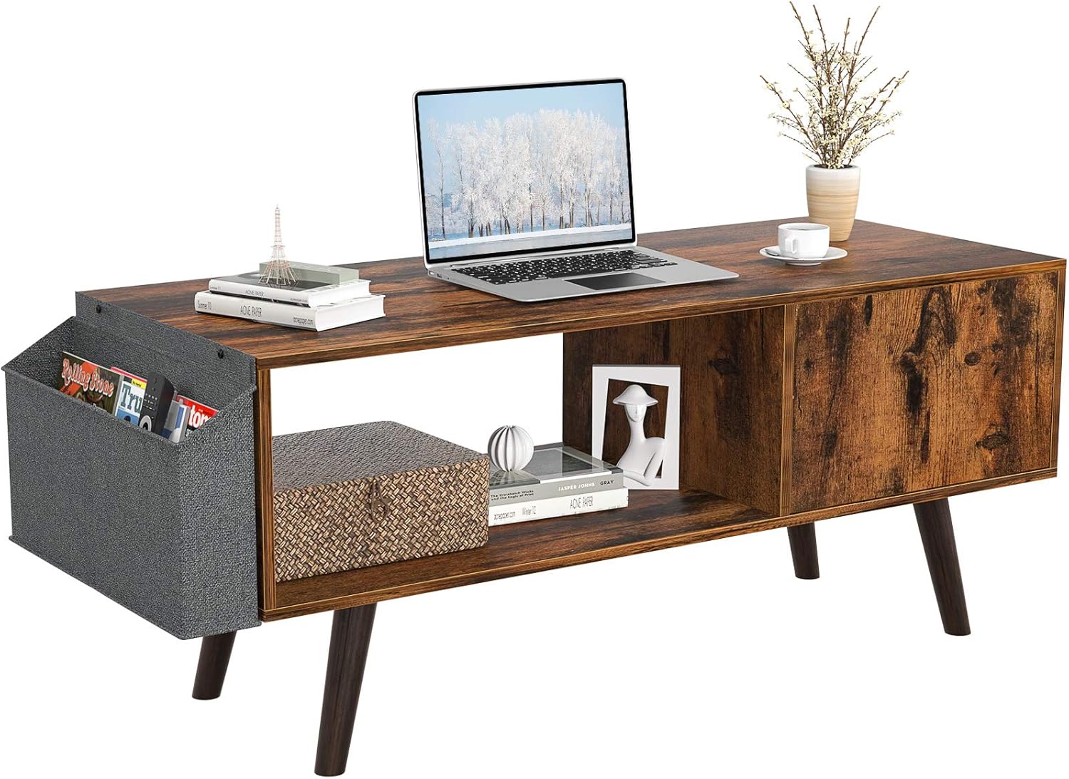 Homfio Retro Coffee Table, Mid-Century Modern Coffee Table with Storage Shelf for Living Room, Rectangle Cocktail Table with Storage Bag and Cabinet, Sofa Tea Table, Rustic Brown