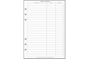 HANDY FORMS A5 Size Login Password List, Sized and Punched for 6-Ring A5 Notebooks by Filofax, LV (GM), Kikki K, TMI, and Others. Sheet Size 5.83" x 8.27" (148mm x 210mm)