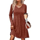 OFEEFAN Long Sleeve Sweater Dress Fall Dresses 2025 V Neck Empire Waist Baby Doll Dresses Women Casual Dress with Pockets