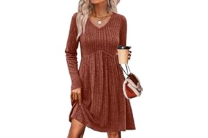 OFEEFAN Long Sleeve Sweater Dress Fall Dresses 2025 V Neck Empire Waist Baby Doll Dresses Women Casual Dress with Pockets