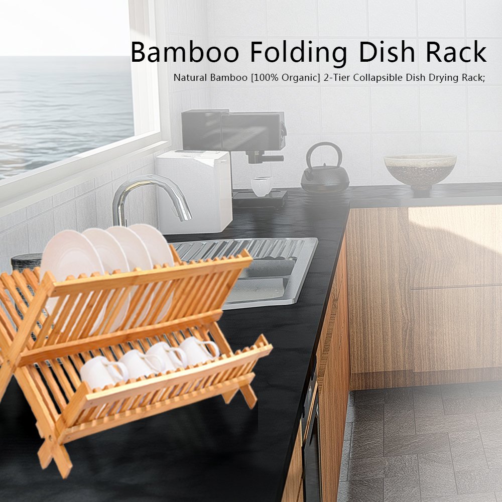 Natural Bamboo Dish Drying Rack, SZUAH Collapsible Dish Plate Drainer Rack, 2-Tier Dish Drying Holder, with 20 Slats, 17.5\