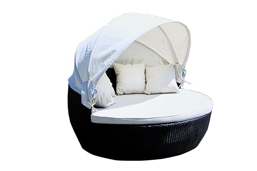 Mojawo XXL Sonneninsel Sonnenliege aus Rattan,Ø 170cm Liegefläche inkl. Polster in Creme mit Dach und Aluminiumgestell