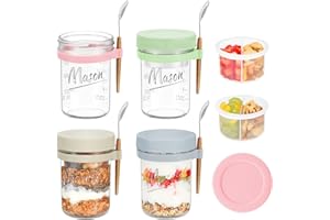 Xyptorix 4 Pack Overnight Oats Containers with Lids and Spoons, 16 oz Mason Jars with Removable Separate Compartments, Airtig