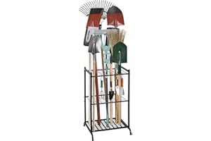 RANXFLOAT Garden Tool Organizer with Storage Hooks, Yard Tool Tower Rack for Garage Organization and Storage, Up to 35 Long-Handled Tools, Metal Tool Holder with 6 Hooks, Black