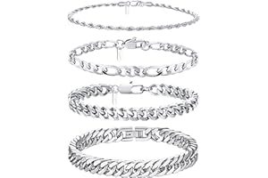 Ritach Stainless Steel Cuban Chain Bracelet for Men Women Curb Width Silver Rope Figaro Cuban Chain Bracelets Set 7.5/8/8.5inch Men Jewelry Gifts for Dad Husband