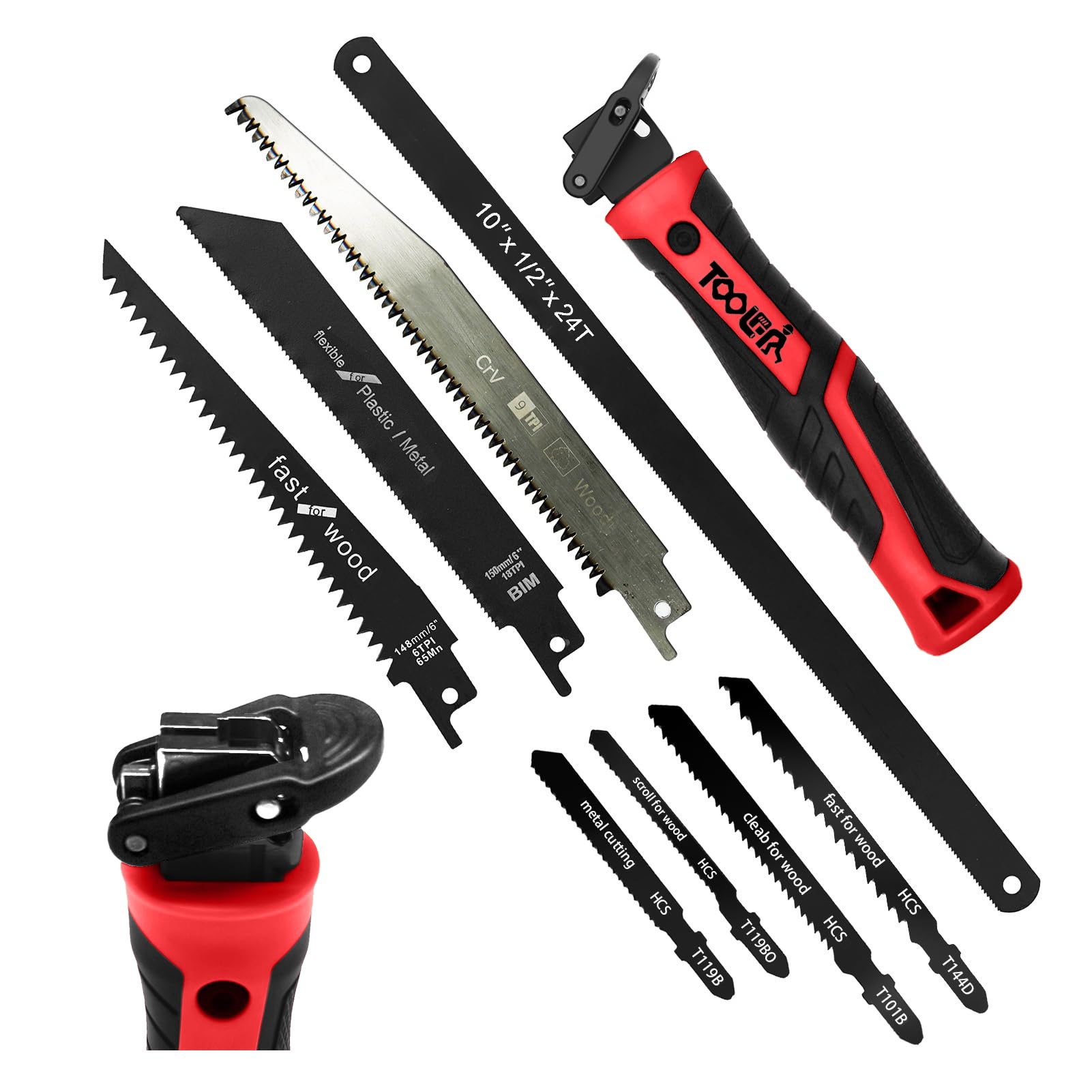 Photo 1 of TOOLAN: 8-In-1 Multi Blades Hand Saw, Drywall Cutter. Hacksaw. Long Blade, Jab Saw, For Cutting Drywall, Sheetrock, Wood, Metel, Plastic, Plywood. Blade Quick Change Mechanism. Red Handle.