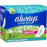 Always Ultra Thin Long Super Pads with Wings, Unscented, 88 Count