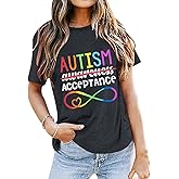Autism Awareness Shirt Women Autistic Support Shirts Blue Ribbon Graphic T-Shirt Autistim Acceptance Tee Short Sleeve Tops