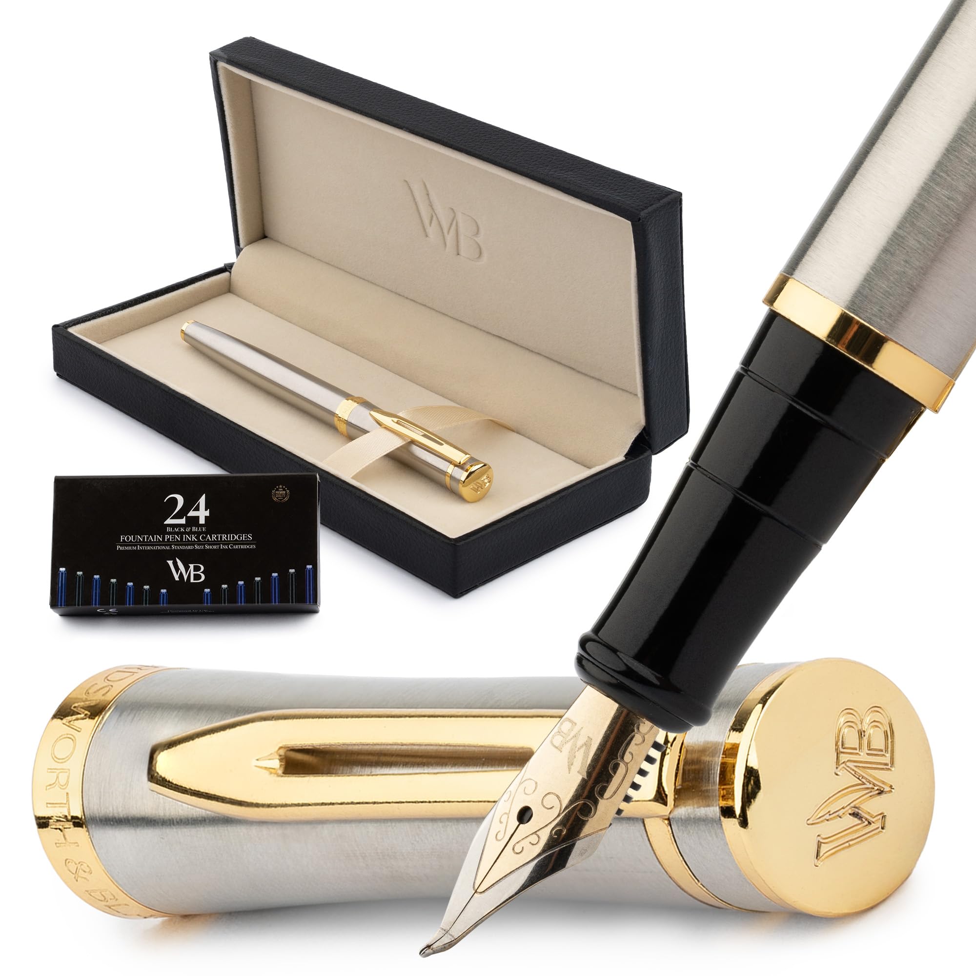 Wordsworth & Black Fountain Pen Set, 18K Gilded Bent Nib, Includes 24 Pack Ink Cartridges, Ink Refill Converter & Gift Box, Gold Finish, Calligraphy, [Silver Gold], Perfect for Men & Women — image 1