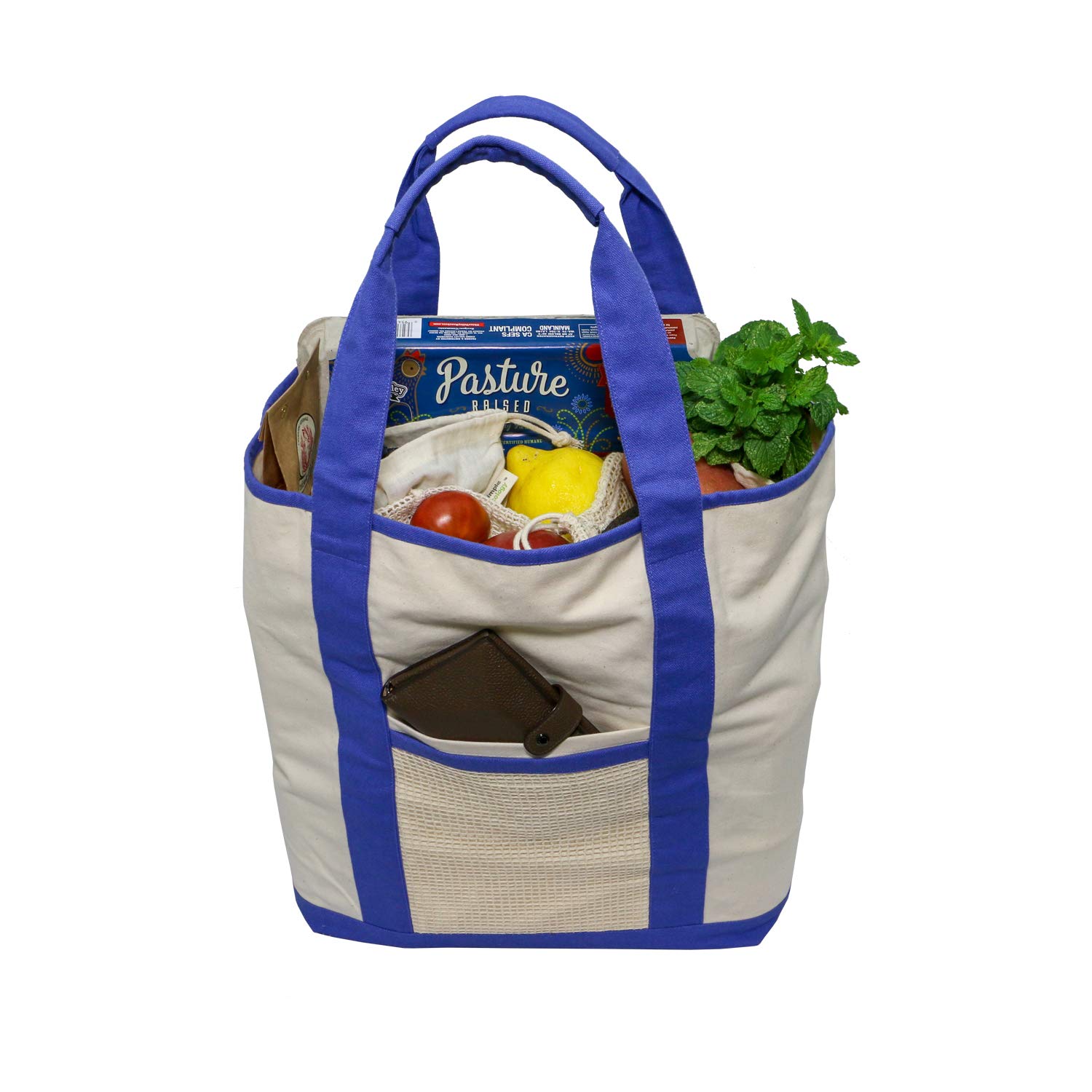 Simple Ecology Reusable Organic Cotton Super Strength XL Grocery Bag - Blue (Shopping Bags, Heavy Duty, Washable, Foldable, Pockets, Handbag, Strong Handles, Strong Magnetic Closure)