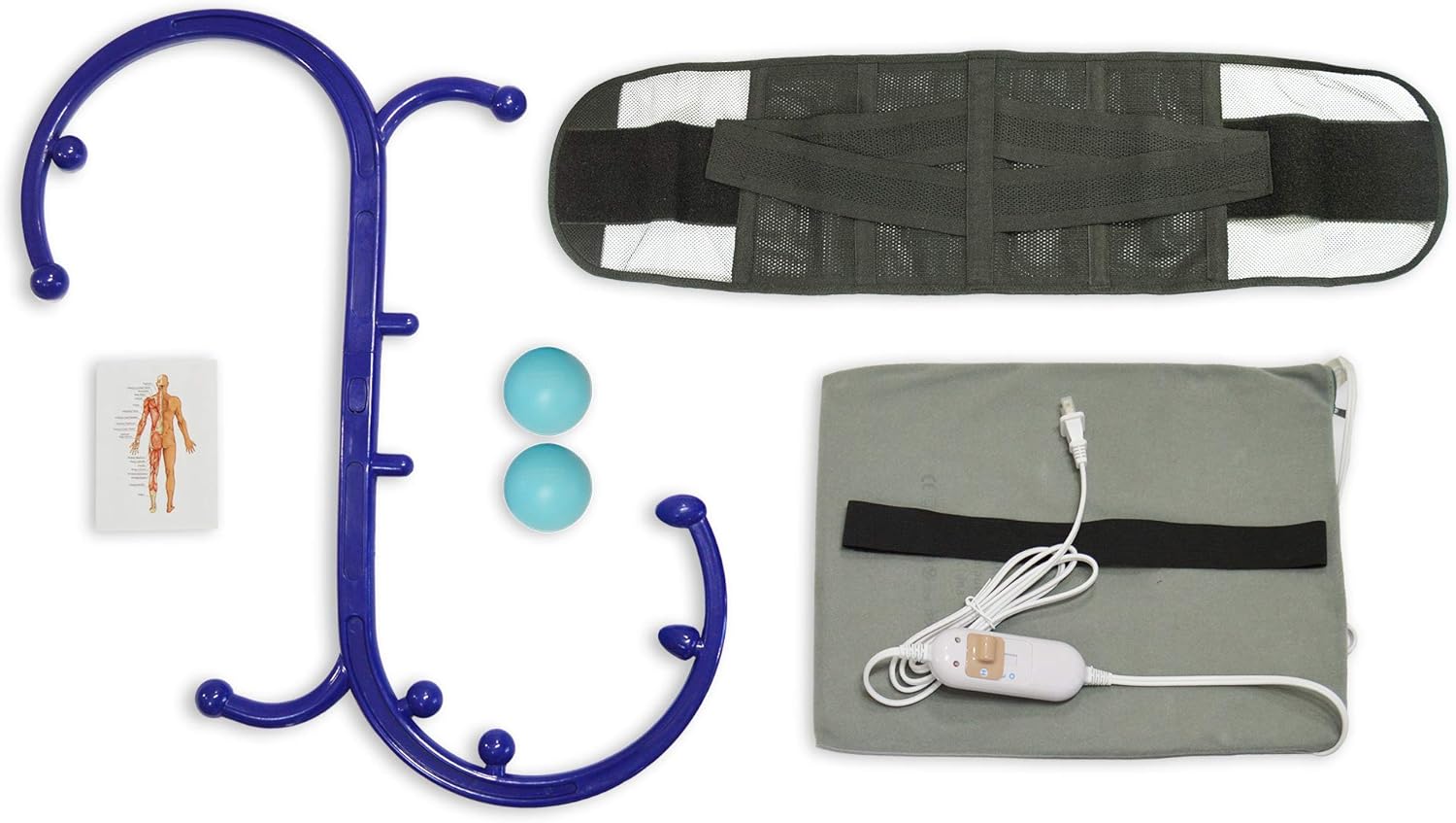 Back Pain Relief Pack: Heating Pad, Back Massager, Back Brace, (2) Massage Ball