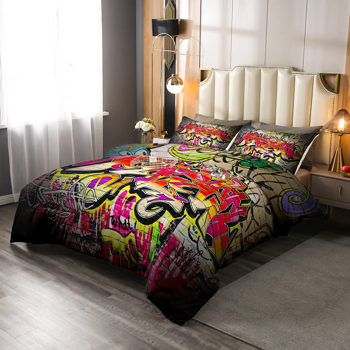 Hip Hop Duvet Insert/Quilt Young Man Graffiti Bedding Set Wall Urban Street Culture Art Comforter for Boys Girls Kids Bright Colorful Grunge Style Lightweight Duvet Set Single Size