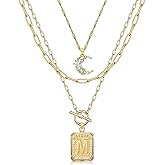 MJartoria Layered Initial Necklaces for Women Trendy, 14K Gold Plated Brass Simple Moon Choker Square Letter Pendant Necklace, Paperclip Chain Necklaces Jewelry Gifts