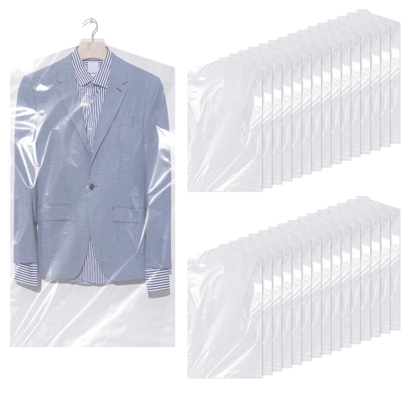 Hejo 30 Pack Plastic Clothes Covers, 60 × 90cm Clear Clothes Bags Hanging, Dry Cleaning Bags, Garment Bags, Dust-proof Garment Protector Covers for Clothes Shirt Jacket Suit Sweater (Transparent)
