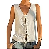 Verdusa Women's Linen Clothes Tie Front Tops Going Out Top Trendy Sleeveless Vest Shirts