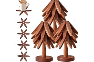 ZCHKG Christmas Tree Trivet Set of 4, Natural Tree Trivet Set - 4 Wooden Trivets & 1 Stand Like a Christmas TRE, Foldable Wood Coasters Heat Resistant Coasters for Hot Pots, Rustic Kitchen(Set A,3pcs)