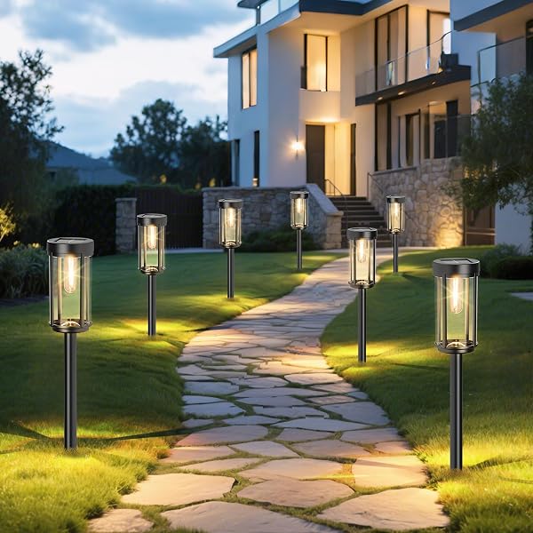 DAMAYCA 12 PACK SOLAR LIGHTS OUTDOOR WATERPROOF FOR GARDEN WALKWAY PATHWAY LAWN YARD DECORATIVE MODERN LANDSCAPE LIGHTING. (WARM WHITE LIGHT, 12)