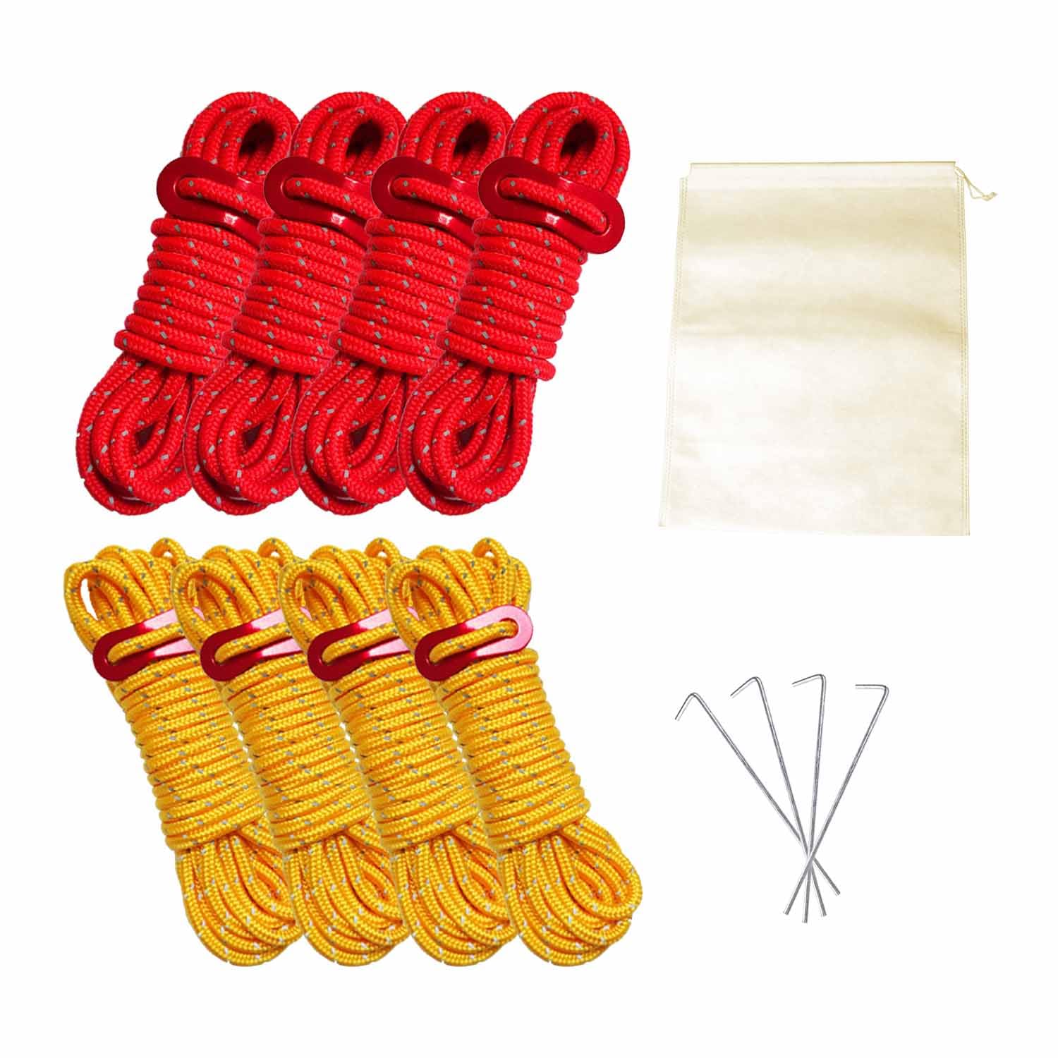 Pack of 8 4mm * 4m Reflective Drawstrings, 8 Guy Buckles, 1 Storage Bag and 4 Tent Pegs, Tent Tightener, Camping Tent Accessories, Suitable for Camping, Picnic (Yellow, Red)