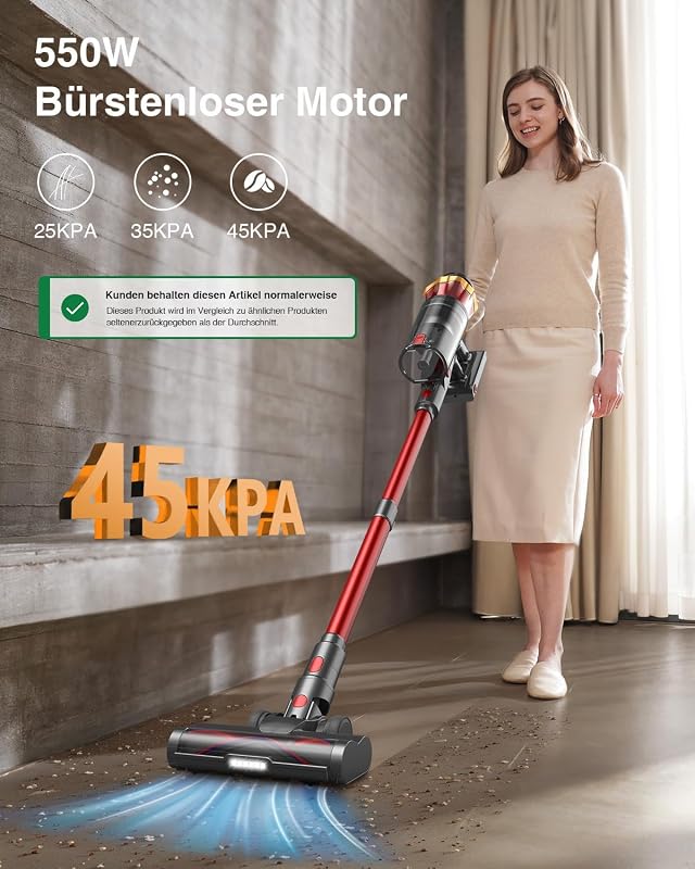 Akku Staubsauger Kabellos 45KPa/550W/65Min für Tierhaare/Teppiche/Hartböden — Foto 2 von 8