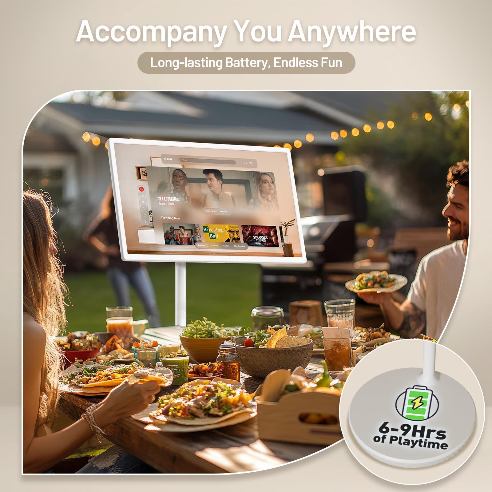 32-Inch Portable TV with Touch Screen | 6GB RAM + 128GB Storage | 1080P Full HD Portable Monitor with Built-in 8-Hour Battery | Android 13 OS | Rolling TV on Wheels | Remote Control