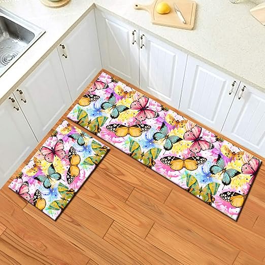 HVEST 2pcs Watercolor Butterfly Area Rug Set Spring Scenery Carpet Non-Slip Runner Rug for Living Room Bedroom Kitchen Floor Mat,(1u00274